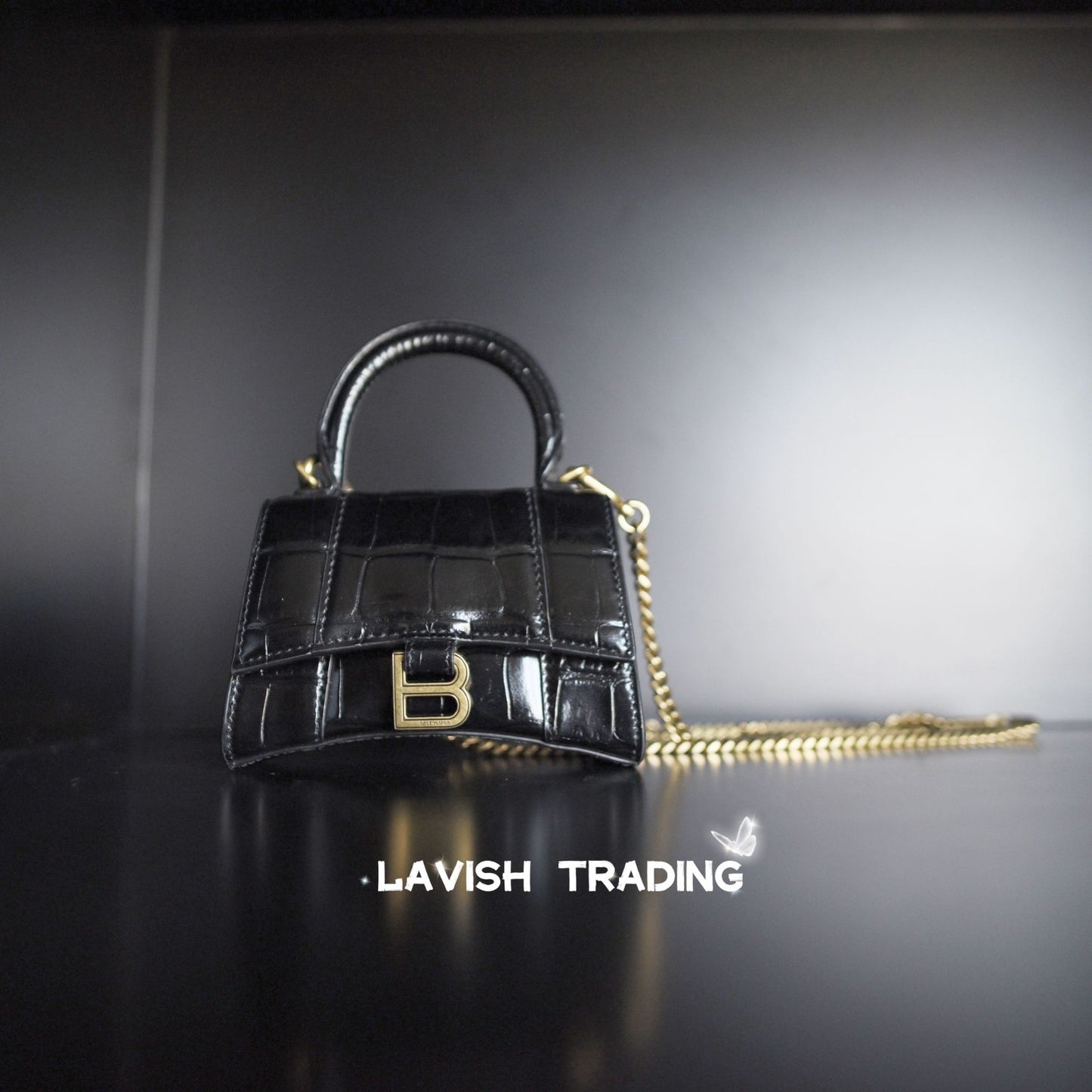 BALENCIGA | MINI HANDBAG WITH CHAIN CROCODILE EMBOSSED IN BLACK